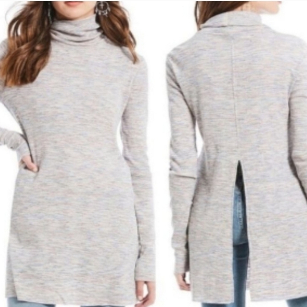WE THE FREE Stone Cold Turtleneck Tunic Split Back Speckled Grey NEW
